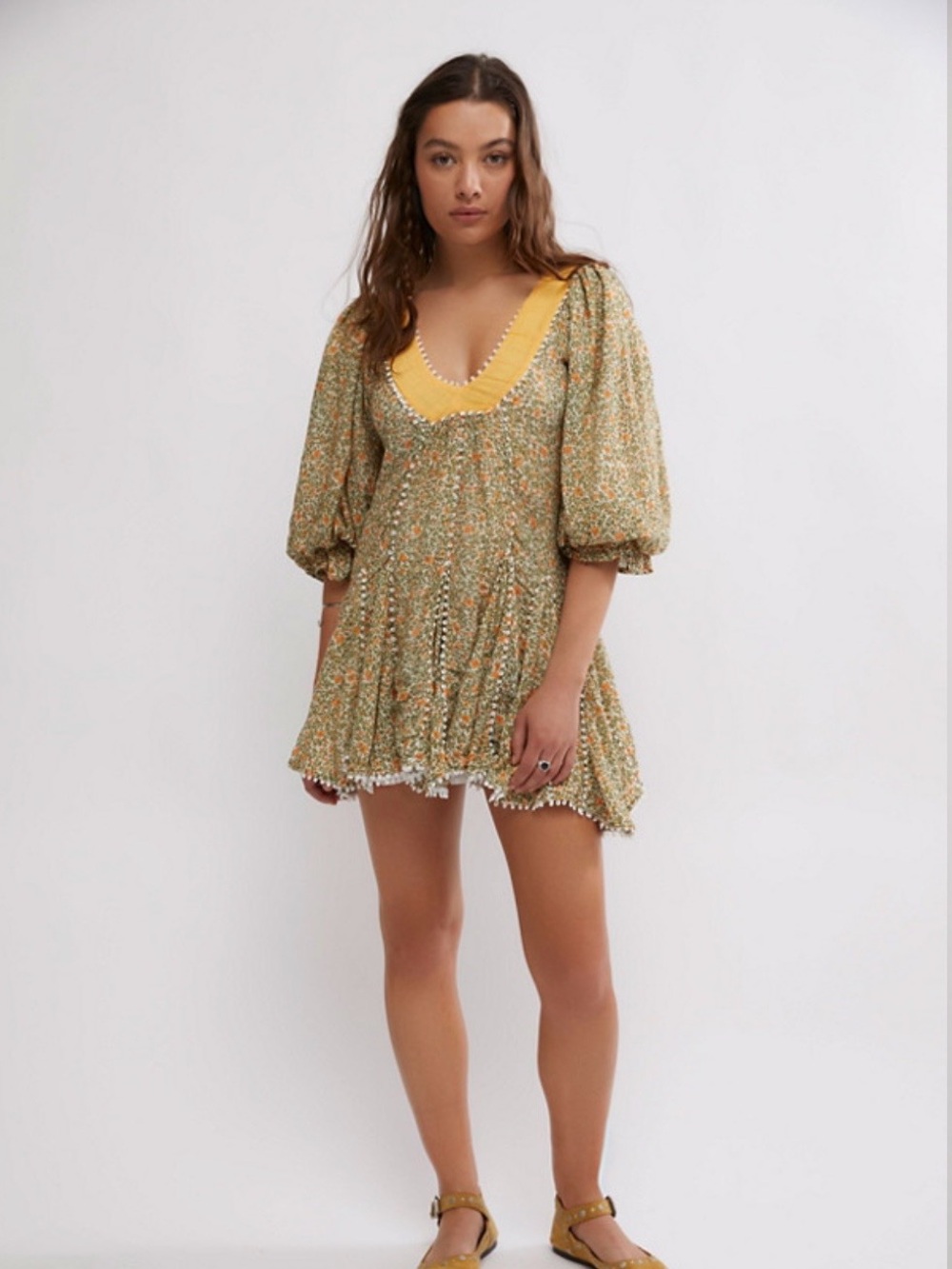 Free People A Thing Called Love Mini Dress Floral Green & Yellow Small